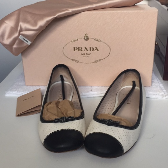 Prada Shoes - Prada two tone b&w ballet flats w/ box and bag
